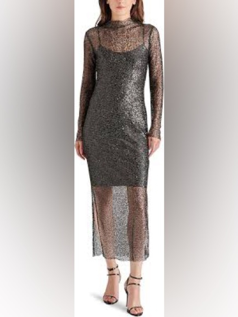 Steve Madden Black Sequin Mesh Long Sleeve Midi Dress *Lining Not Included*